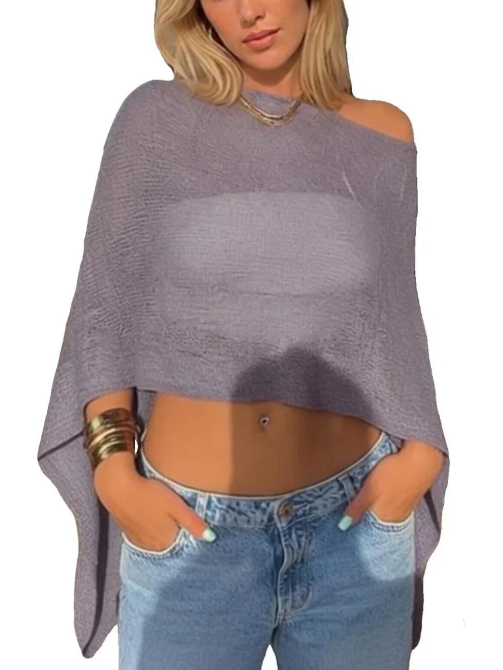 Women's Sheer Gray Lightweight Knit Crochet Shrug Bolero Mesh Batwing Cover Up